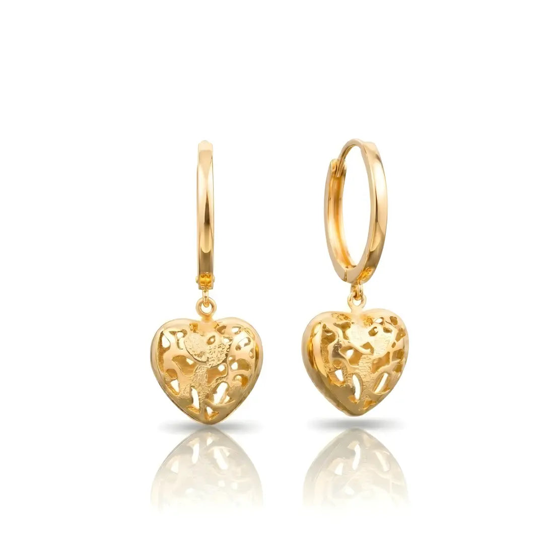 18K Gold Filled Filigree Puffed Heart Hoop Earrings – Dangle Heart Huggie Hoops